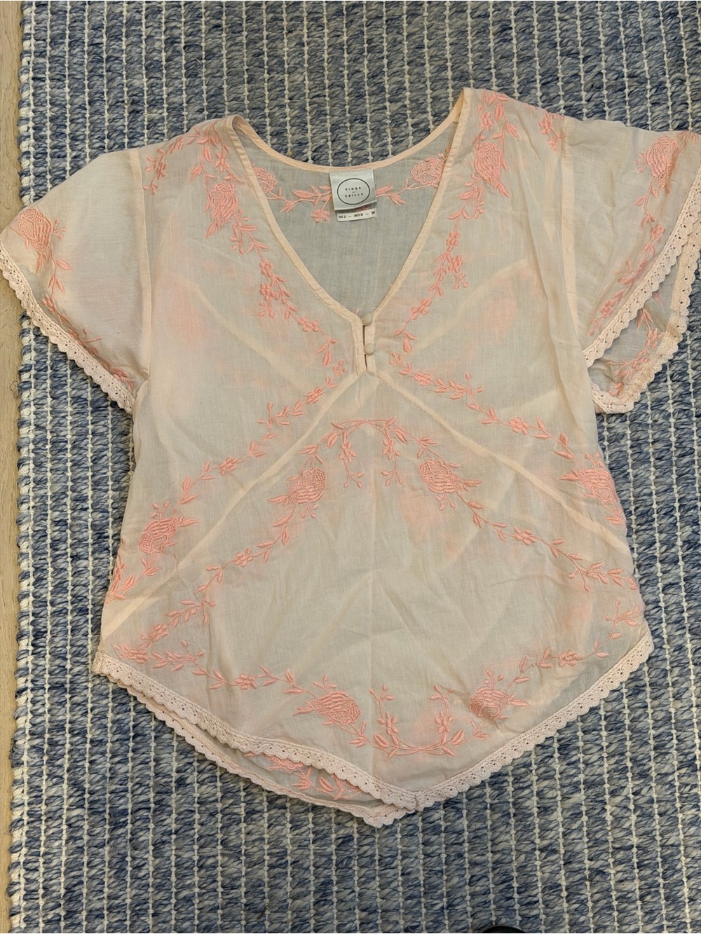 White and Light Pink Embroidered V-Neck Flutter Sleeve Blouse